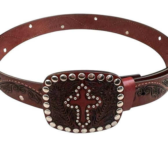 VTG Tooled Leather Belt Western Boho Cross Buckle Studded Brown Sz 34 main image 9
